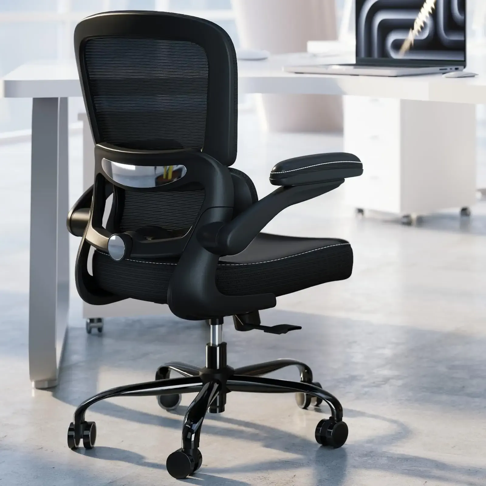 TRALT Ergonomic Office Chair - Desk Chair with Adjustable Lumbar Support Computer Chair - Mesh Comfy Chair with Flip-up Armrests - Gaming Chairs for Adults Home Office (Leather, Black)