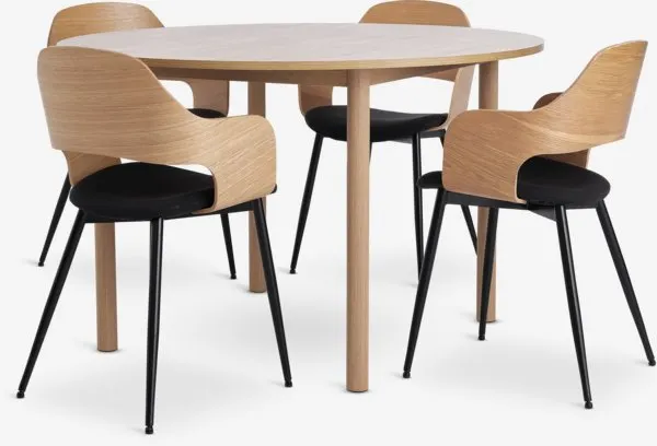 ALSTED Ø120 tafel naturel eiken + 4 HVIDOVRE n.eiken/zwart