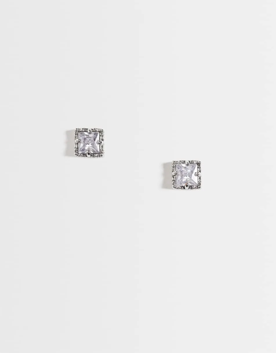 ASOS DESIGN detail edge square crystal stone studs in silver
