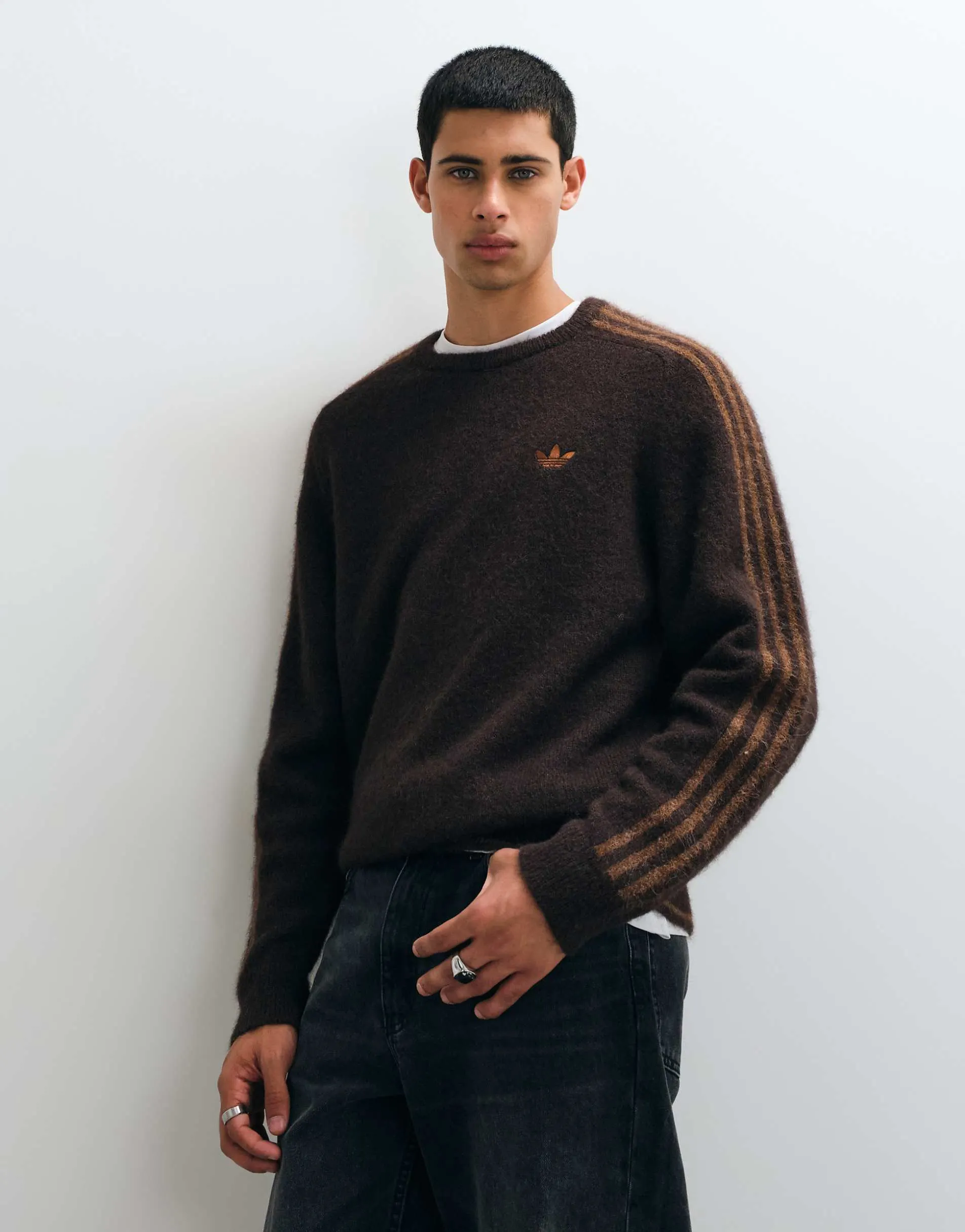 adidas Originals three stripe fluffy knitted jumper in brown