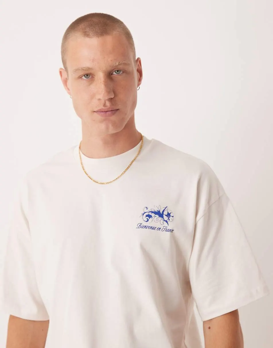 Selected oversized heavyweight t-shirt with floral back print in off white