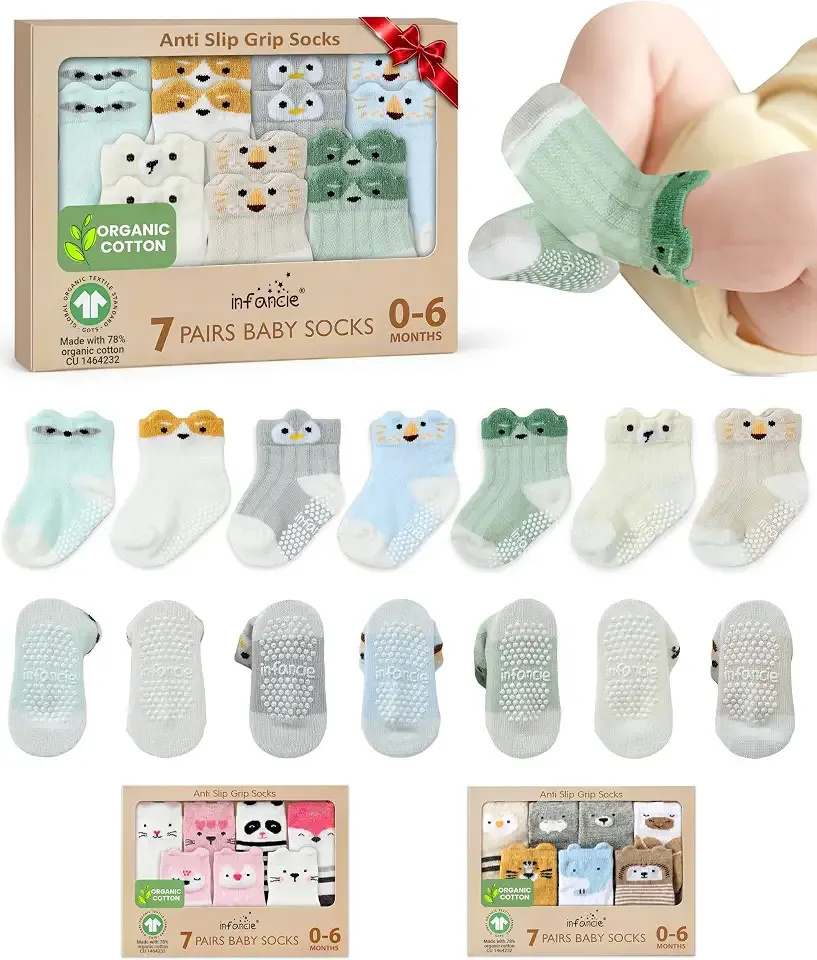 GOTS Organic Cotton Blend 7 Baby Socks 0-6 Months Animal Design Non Slip