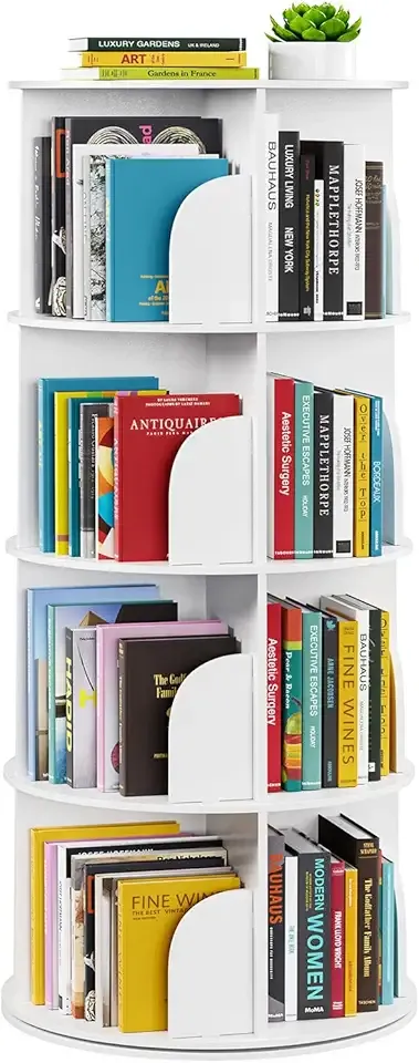 4 Tier Rotating Bookshelf Tower, Spinning Bookcase Lazy Susan, Revolving 360 Book Shelf Storage Round Carousel, Vertical Rotate Turning Spiral Corner Organizer, White