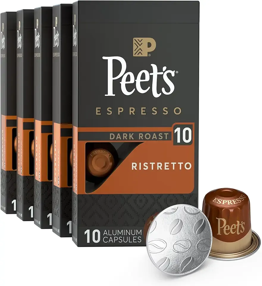 Peet's Coffee, Dark Roast Espresso Capsules, Compatible with Nespresso Original Machine - Ristretto Intensity 10, 50 Count (5 Boxes of 10 Espresso Capsules)