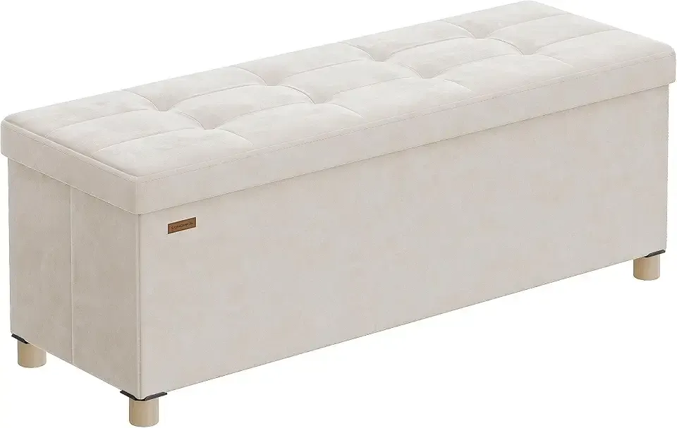 Storage Ottoman Bench, Folding Storage Chest, 15 x 43.3 x 15.7 Inches, Foot Rest Stool, 30 Gal. (112 L), Velvet Surface, for Bedroom, Entryway, Living Room, Cappuccino Beige ULSF0518W02