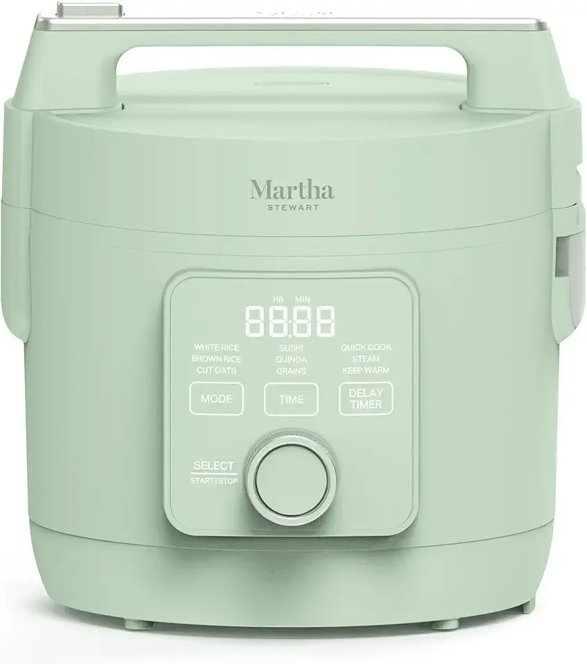 Martha Stewart Rice Cooker, 4 Cup (Uncooked) / 8 Cup (Cooked), Ceramic Non-Stick Removable Pot, Keep Warm, Measure Markings, Steam Basket, Brown & Sushi Rice, Quick Cook, Quinoa, Grains, Oats, Honeydew Green