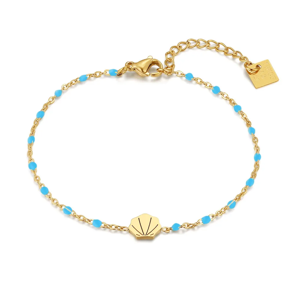 Armband in edelstaal, schelp en blauwe steentjes