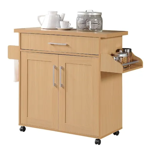 PRIVATE BRAND UNBRANDED Kitchen Island with Spice Rack and Towel Holder, Storage Cart, Utensil Drawer, Interior Cabinet Storage and Locking Wheels, Beech