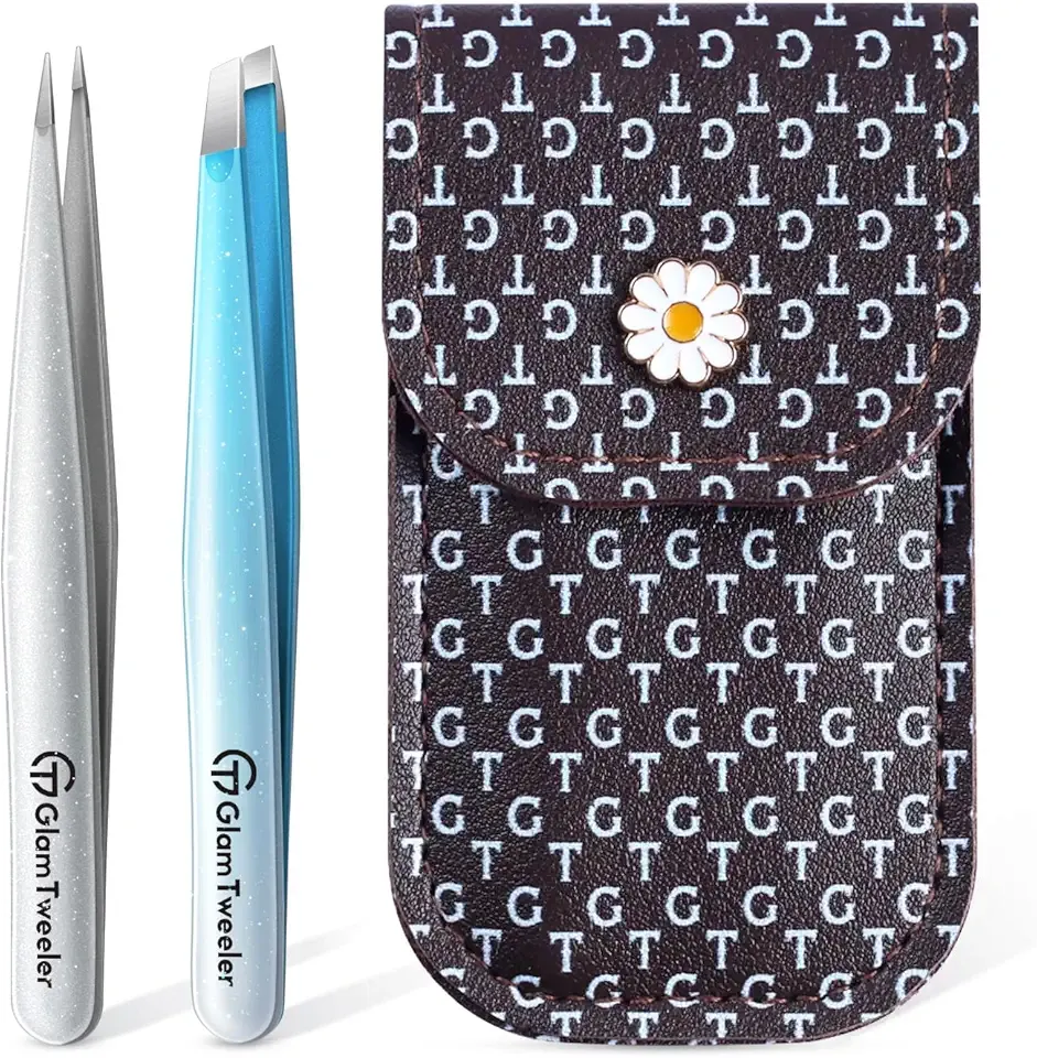 Expert Slant and Point Tip Tweezer Set with Exclusive Storage & Carrying Case, GlamTweeler Sharp & Precision Tweezer Set for Eyebrows, Facial Hairs and Fine Hairs Removal (Sparkle Blue + Silver)