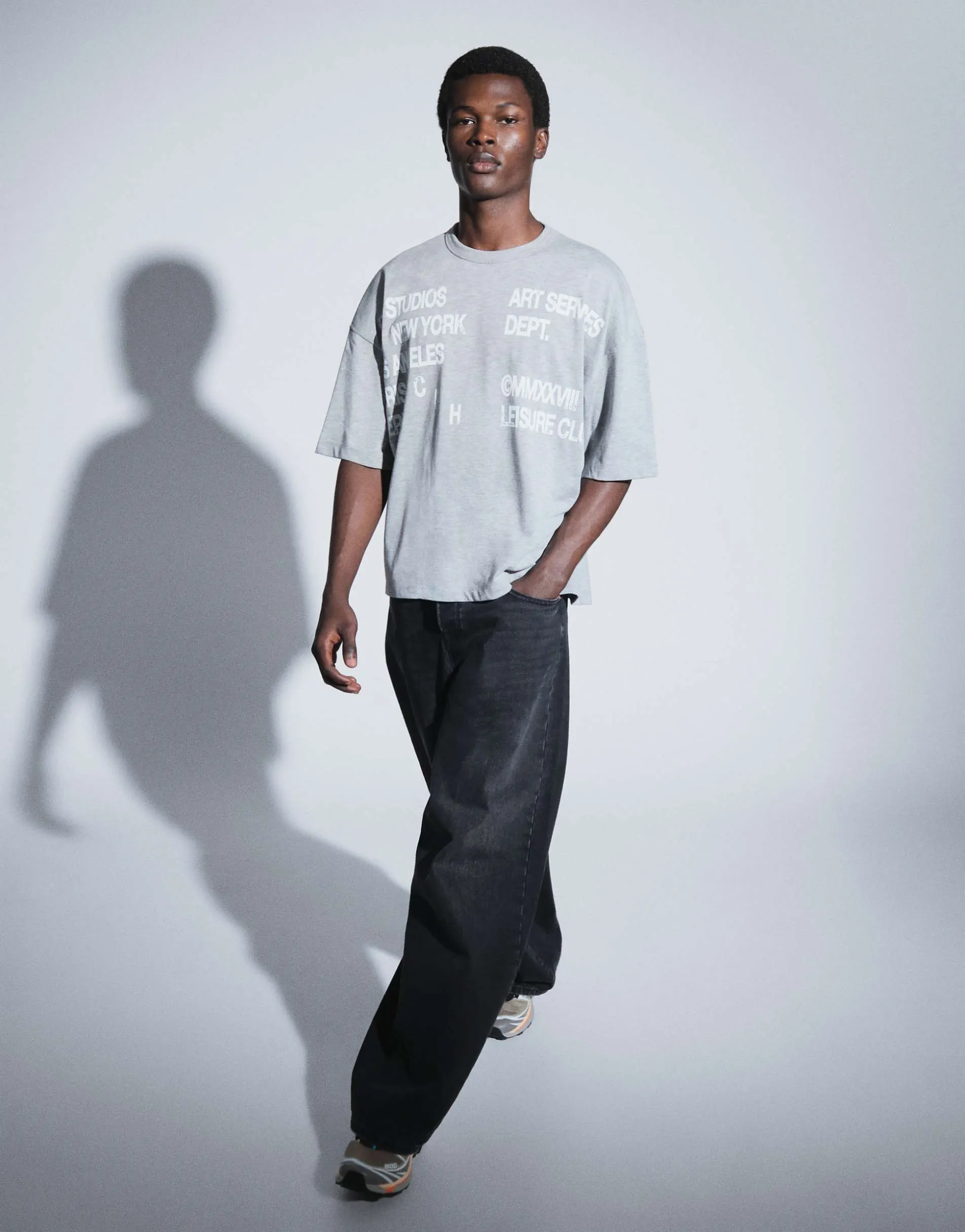 ASOS DESIGN boxy oversized drop shoulder t-shirt with text graphic in grey marl
