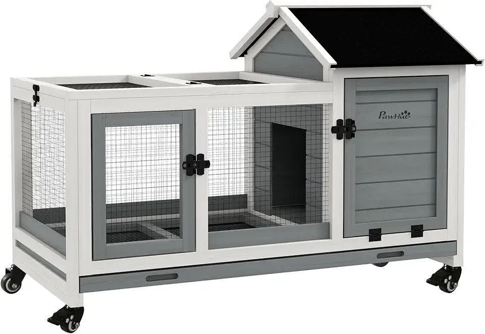 PawHut Wooden Rabbit Hutch with Wheels, Indoor Outdoor Large Bunny Hutch with Run & Slide-Out Tray for Small Animals, Rabbits, Chickens, Ducks, Guinea Pig, Gray