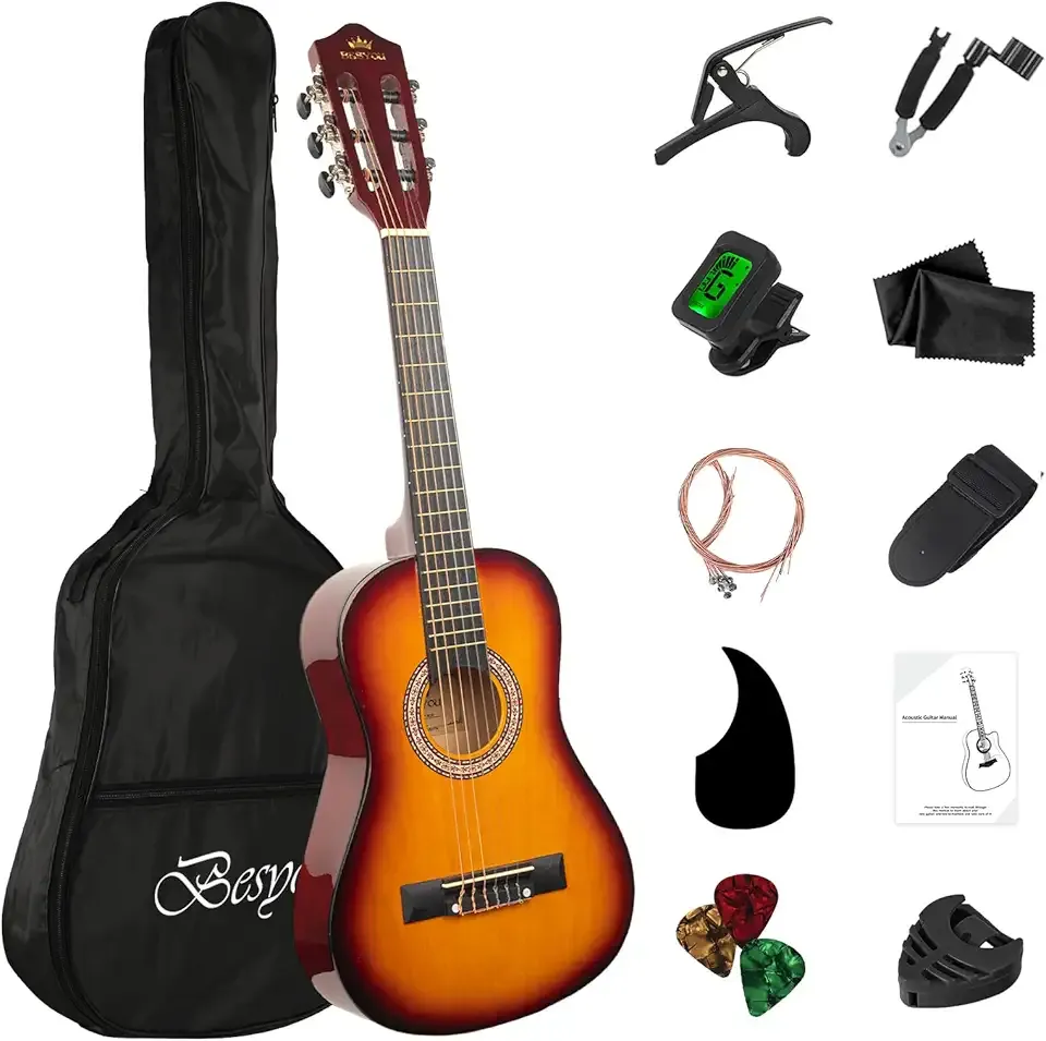 30in Beginner Acoustic Guitar Basic Starter Kit Tuner Bag Capo Strings Winders Strap Picks Student/Kids Guitar Pickguard with Gig Bag Sunset