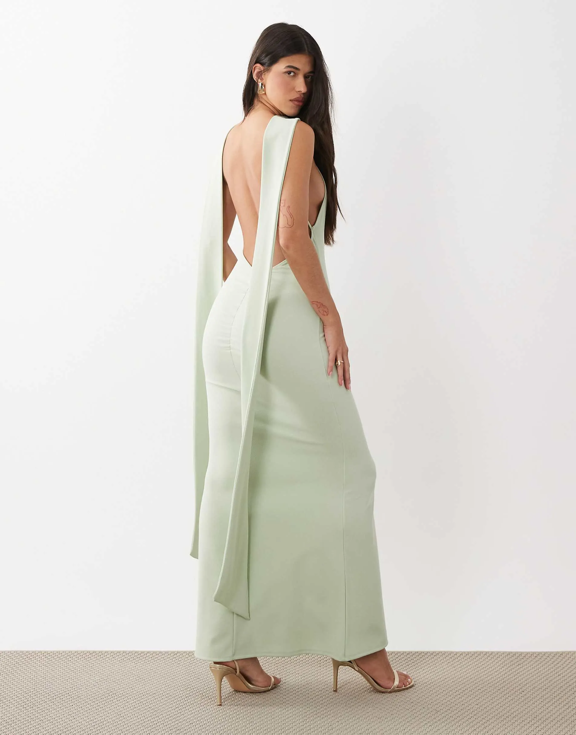 ASOS DESIGN scarf detail detail with plunge back in sage green