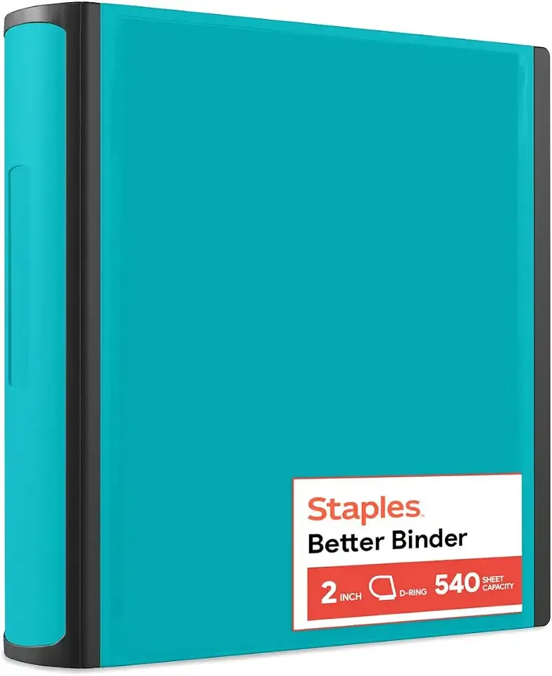 Staples Better Binder, 2-Inch D-Ring View, Teal, 540 Sheets