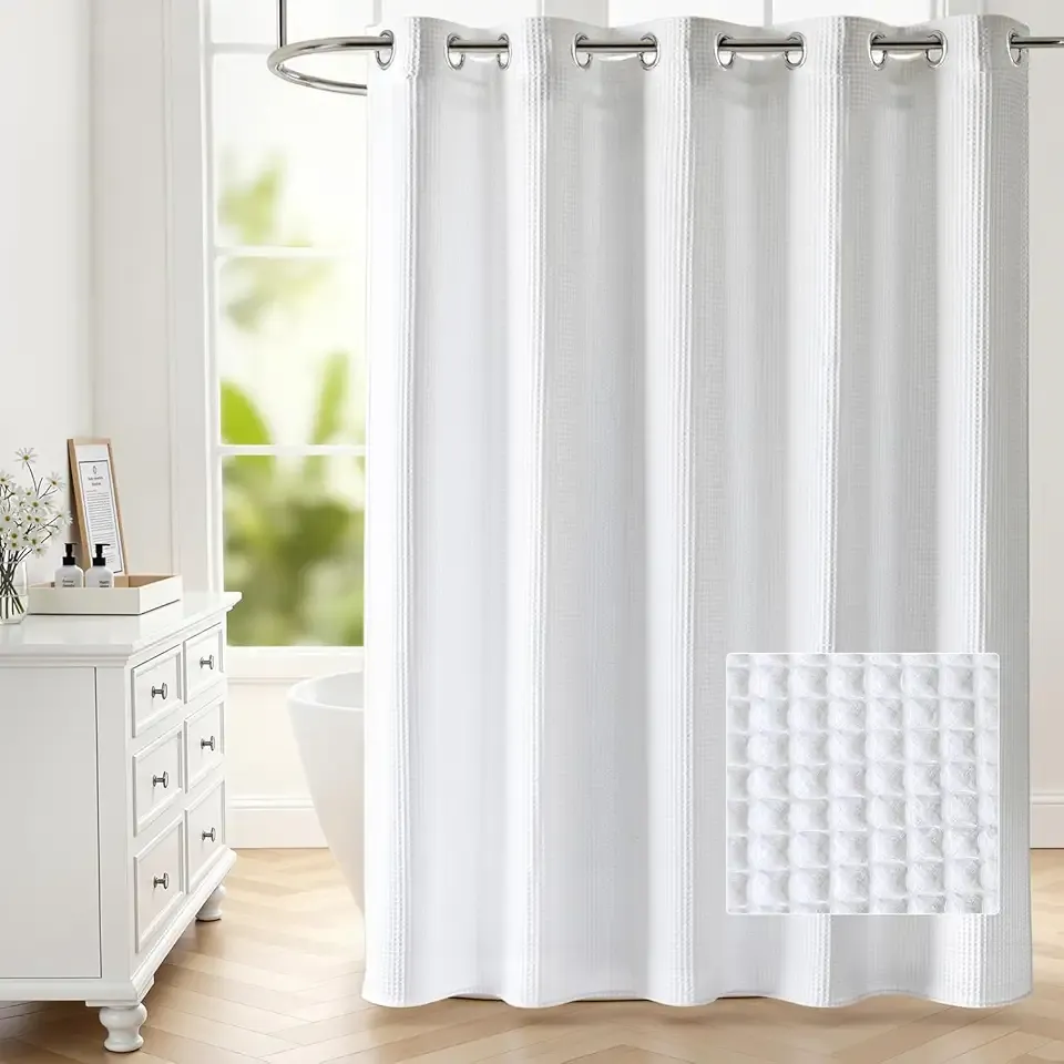 River Dream 86" Extra Long No Hooks Shower Curtain with Snap in Liner, Waffle Weave Cotton Blend,Hotel Quality,White,71Wx86L
