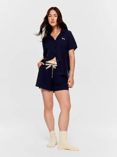 Navy Floral Trim Waffle Mid Short
