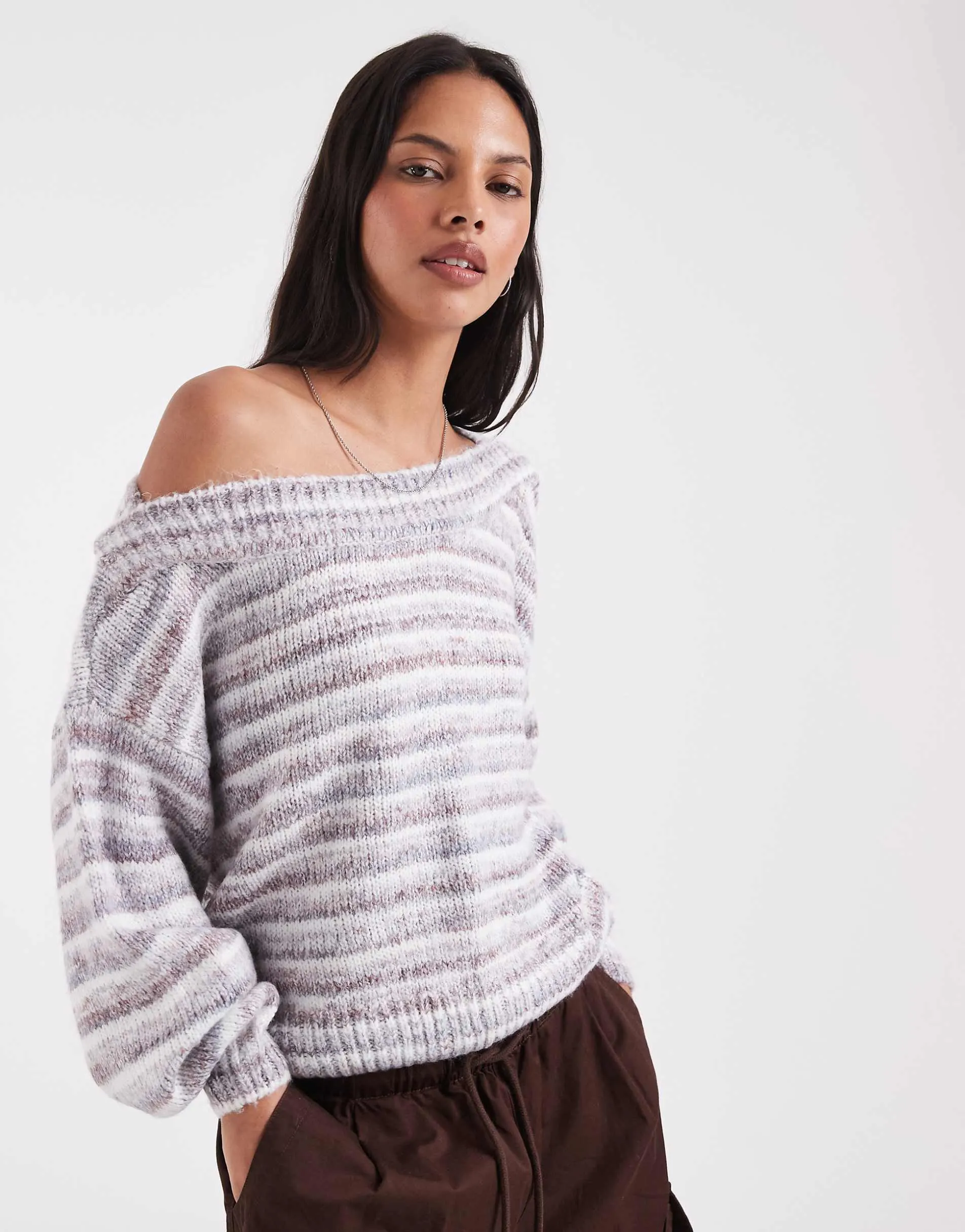 Hollister knitted off shoulder jumper in striped light grey