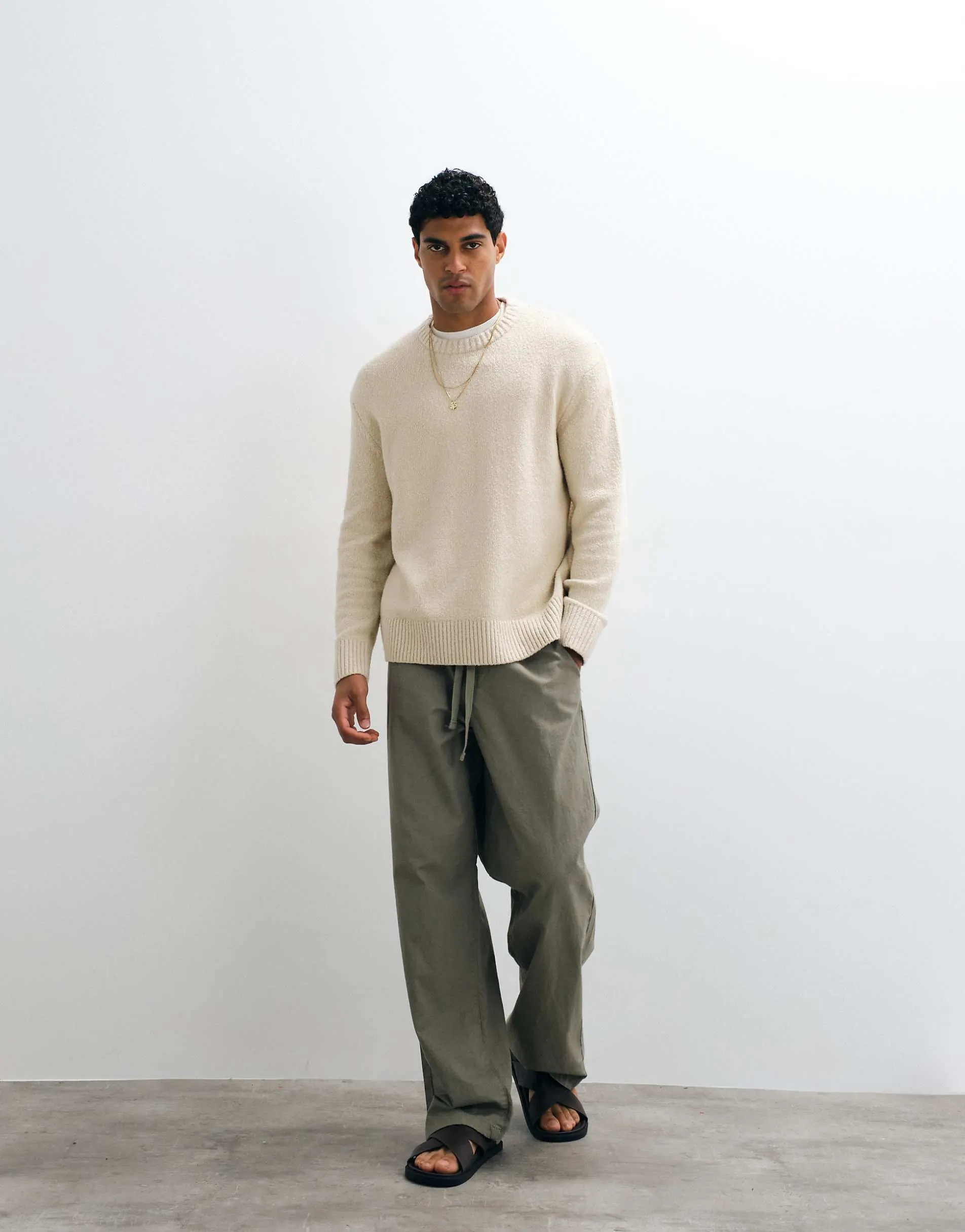 Selected knitted textured crew neck jumper in cream