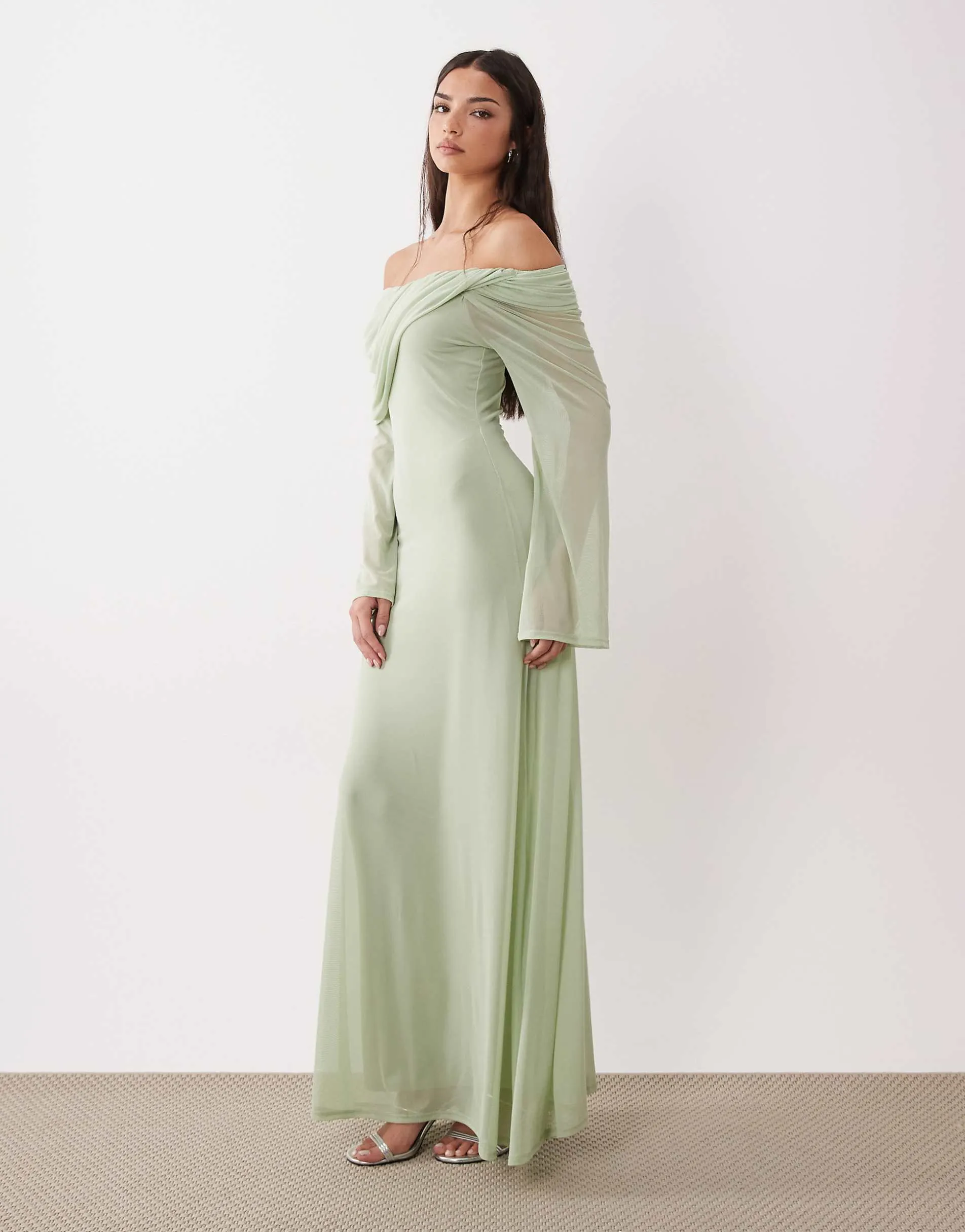 ASOS DESIGN off the shoulder draped neck long sleeve maxi dress in sage