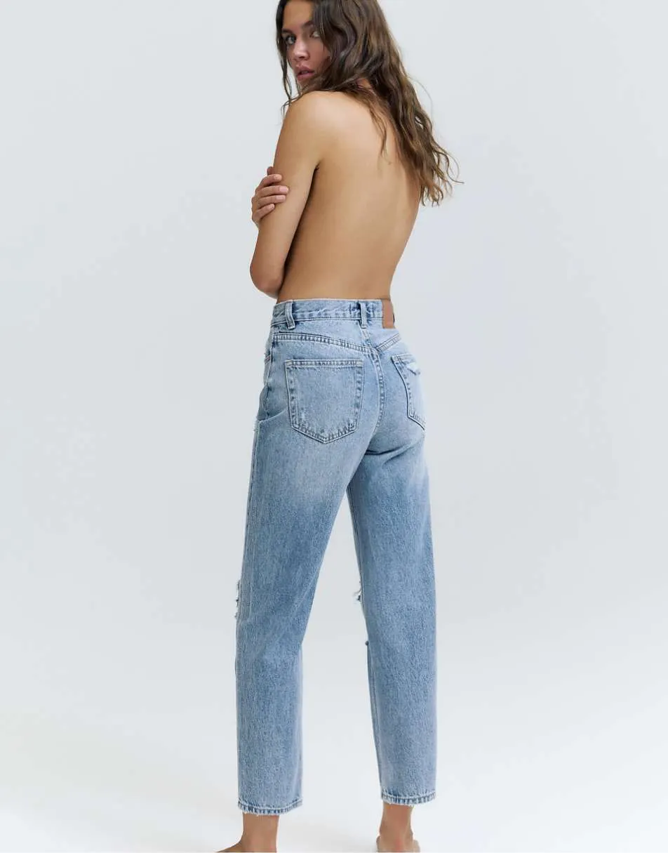 Pull&Bear Ripped mom fit jeans in indigo