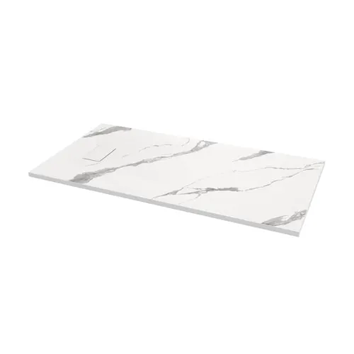 Stonea 60L x 32W Solid Surface Universal Shower Base in White Marble with Concealed End Drain