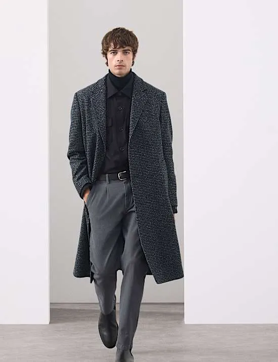 Wool Blend Houndstooth Overcoat