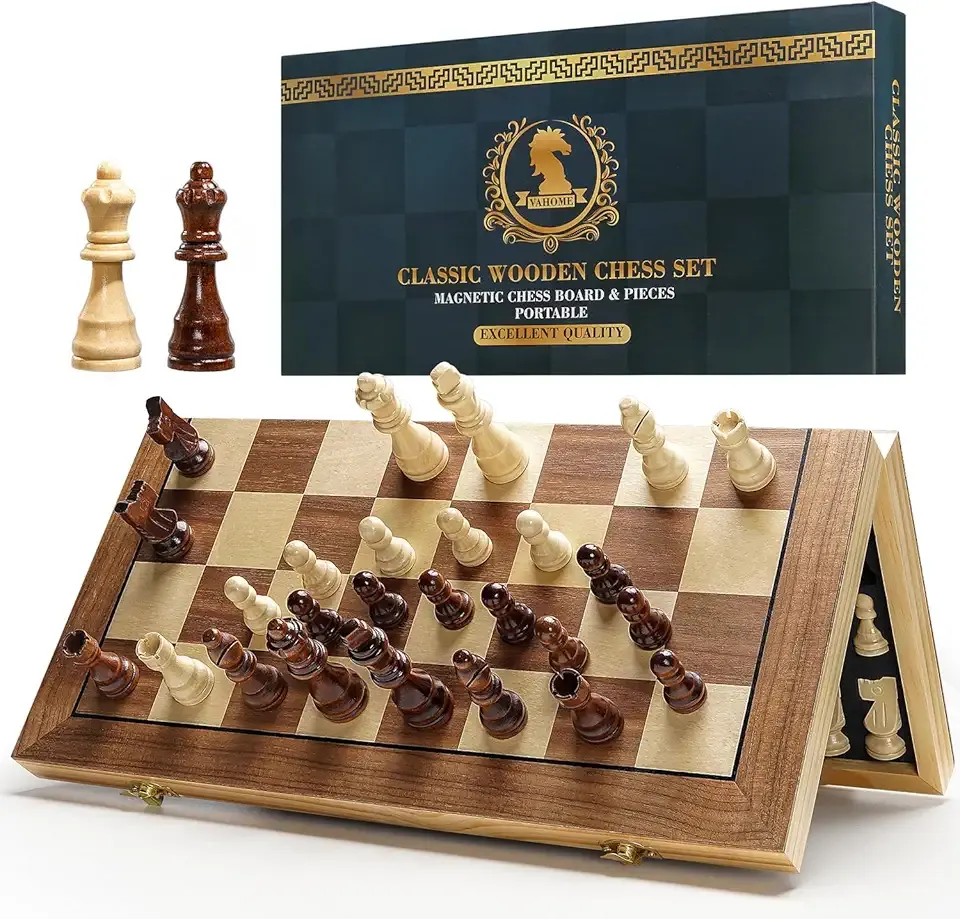 Vahome Magnetic Chess Set for Adults & Kids, 15" Wooden Folding Chess Boards, Handcrafted Portable Travel Chess Game with Pieces Storage Slots, 2 Extra Queens