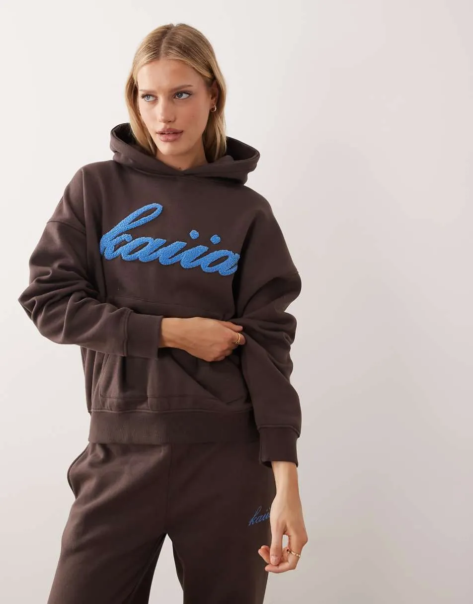 Kaiia exclusive cotton rich borg logo oversized hoodie co-ord in chocolate and blue