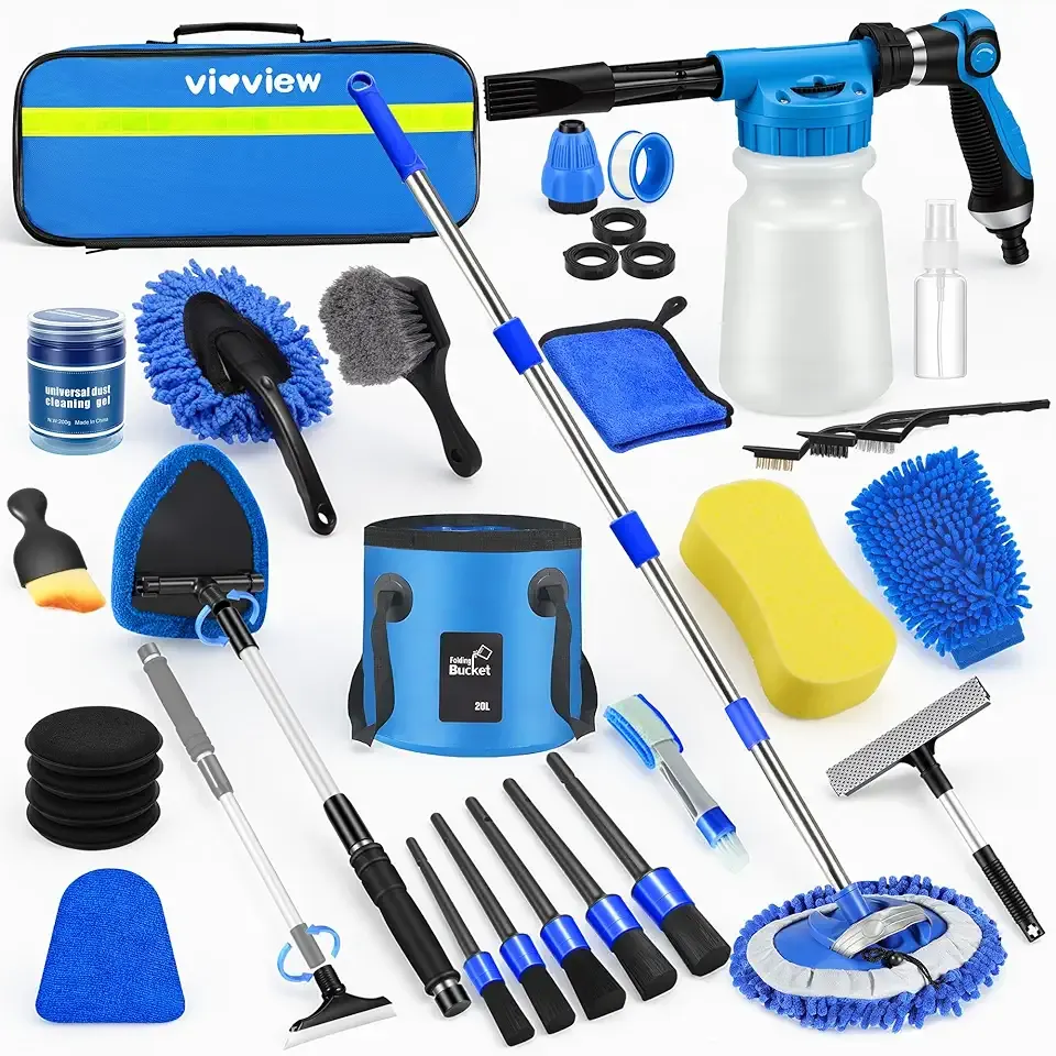 36Pcs Blue Car Wash Detailing Kit,Car Cleaning Set with Foam Gun Sprayer,Long-Handle Brush Mop,Large Collapsible Bucket,Complete Car Wash Supply Gift for Men and Women