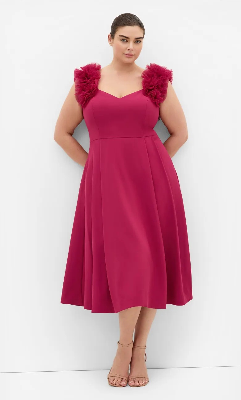Roselyn Ruffle Tulle Midi Dress - raspberry