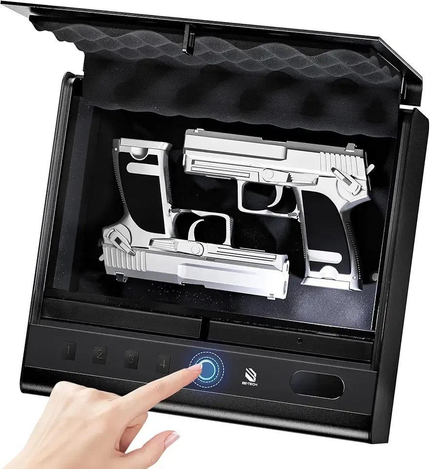 BE-TECH Biometric Gun Safe for Handgun, 0.22 Cubic Feet Fingerprint Pistol Safe Gun Lock Box with 3-Ways Quick Access, Hand Gun Safes for Beside Nightstand Closet