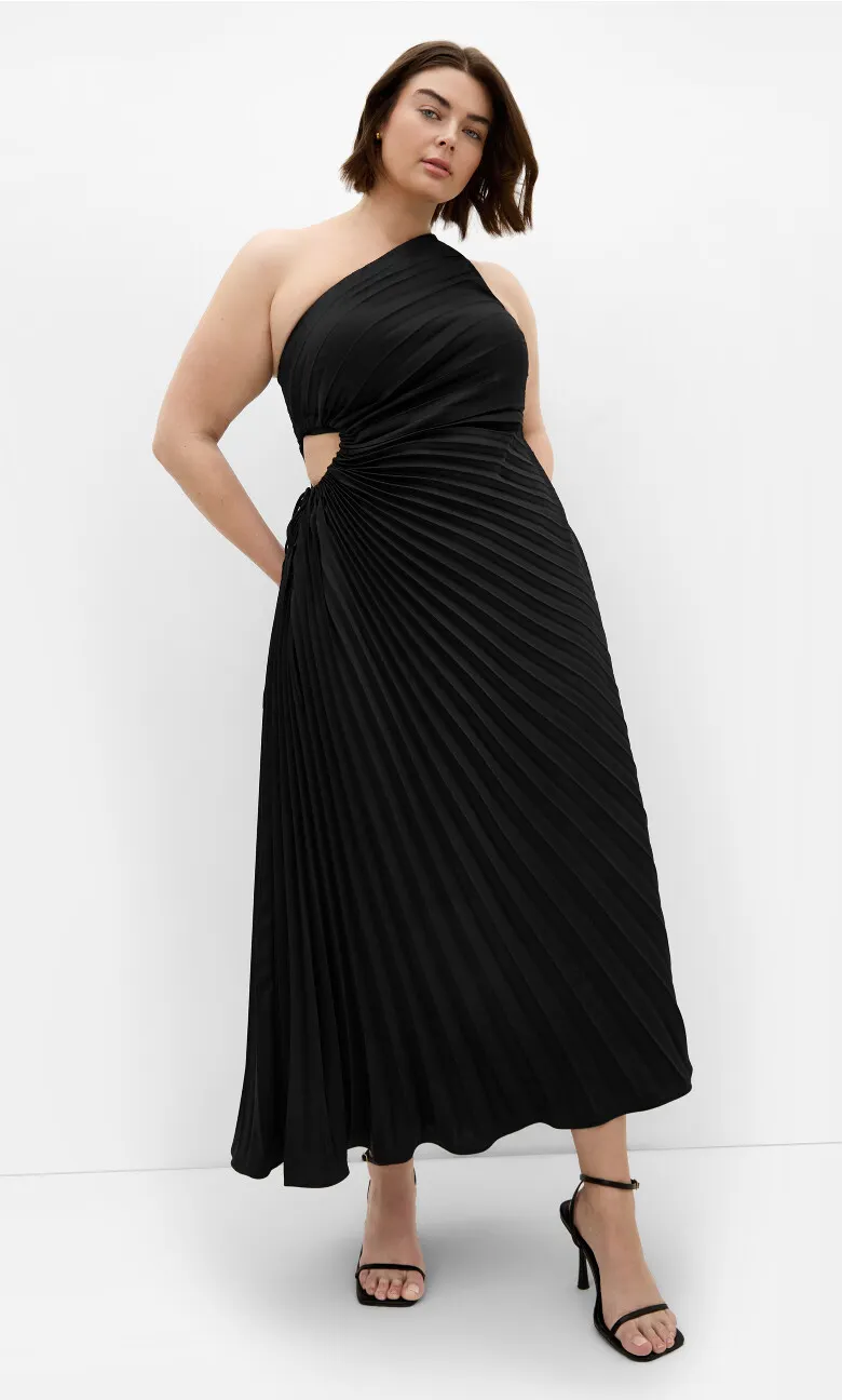 Aliza One Shoulder Pleat Maxi Dress - black