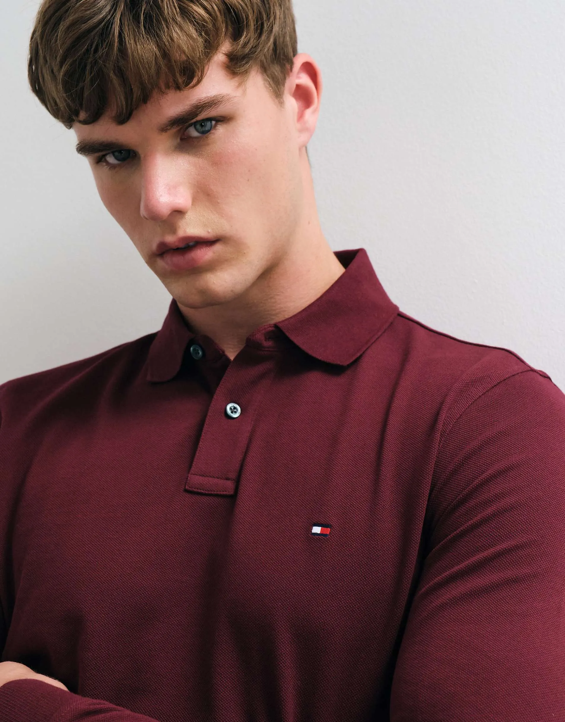 Tommy Hilfiger flag logo long sleeve polo shirt in burgundy