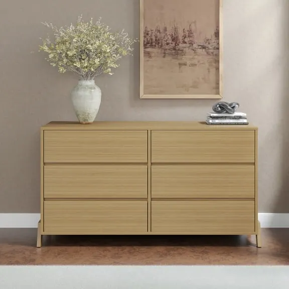 Mainstays Modern 6 Drawer Dresser, Natural Teak