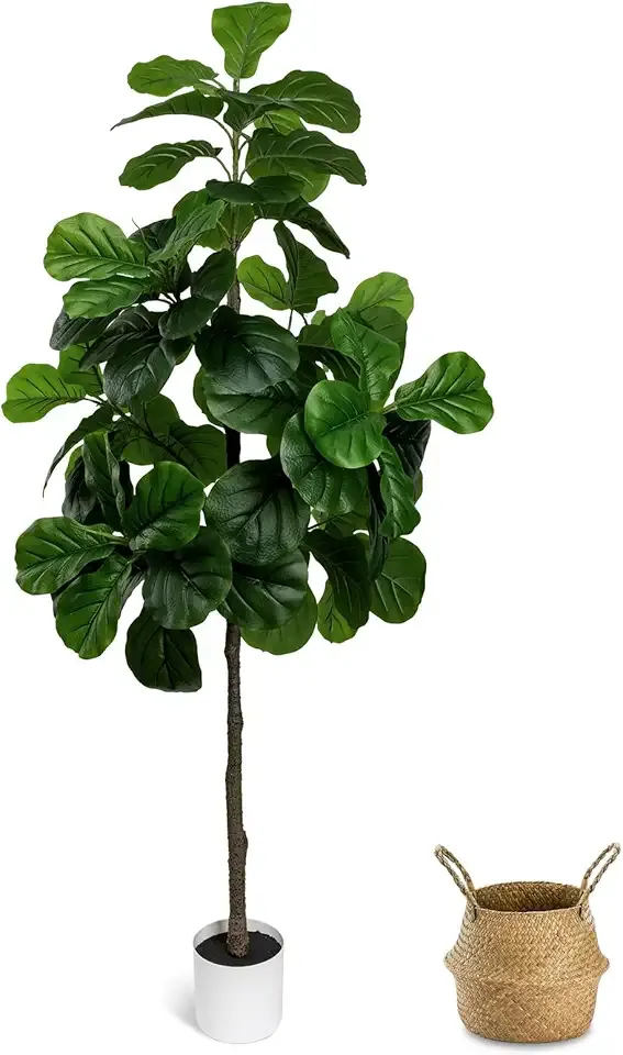 Artificial Fiddle Leaf Fig Tree 6FT - Large Fake Tree with White Planter&Basket, Tall Faux Ficus Lyrata Tree Floor Plants for Indoor Home Decor Office Living Room Housewarming Gift, 1Pack
