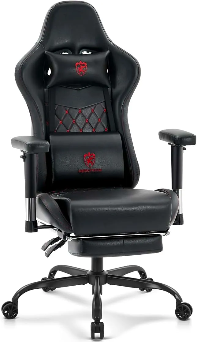 Morkprism Gaming Chair,Computer Office Chair with Footrest,Massage Lumbar Support and Gel Pad,Ergonomic Reclining Leather Gamer Chair with Headrest,Adjustable Armrests and Spring Cushion Black Red