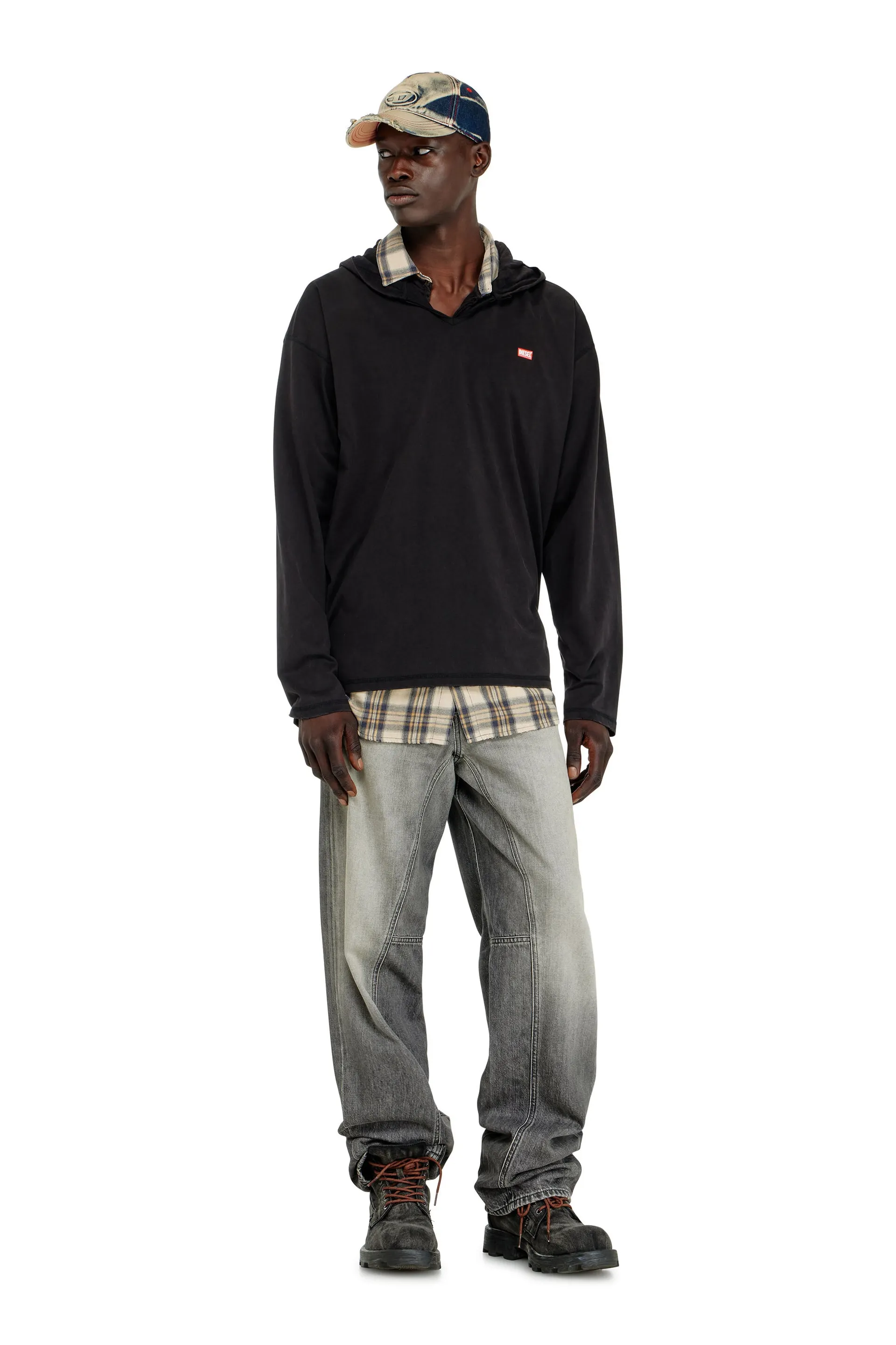 Long-sleeve T-shirt with flannel hood