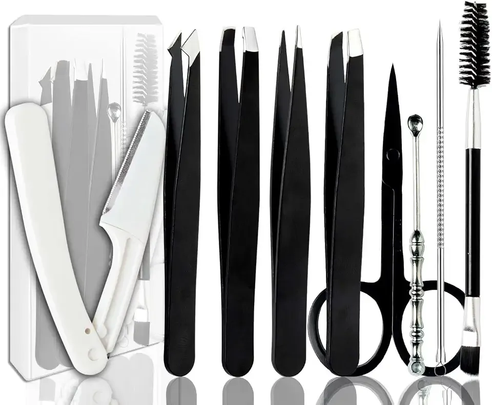 Tweezers for Women Facial Hair Eyebrow Kit Tweezer Set Black | Removal Tweezers Professional [9+1 PCS] Professional Stainless Steel Women &Men,Black Beauty Sets
