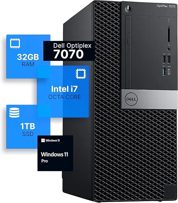 Dell Optiplex 7070 Tower Desktop Computer | Intel i7-9700 (3.4) | 32GB DDR4 RAM | 1TB SSD Solid State | Windows 11 Pro | Internal Wi-Fi 6 PCIe Adapter (Renewed)
