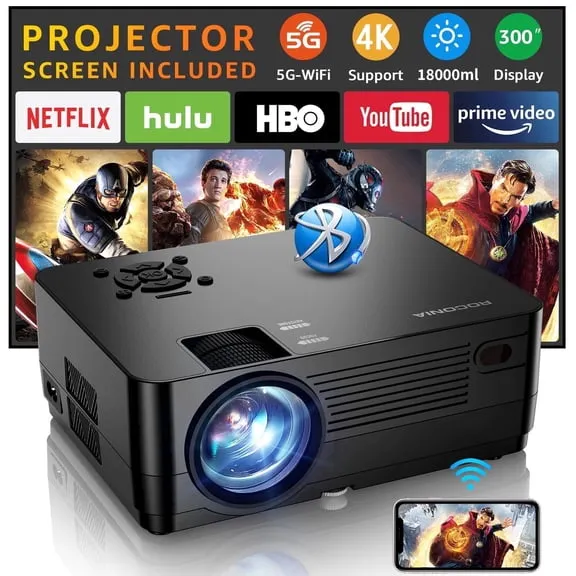 ROCONIA 5G WiFi Bluetooth Projector Native 1080P 4K Outdoor Projector 18000LM 300" Display Movie Projector (Projector Screen Included)