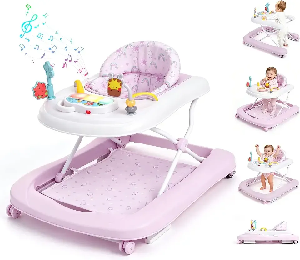 Baby Walker with Wheels, 5-in-1 Foldable Push Walker for Baby Girls 6-12 Months, Baby Walker & Bouncer Combo, Adjustable Height, Music Light Infant Activity Center Bouncer Walker(Pink)