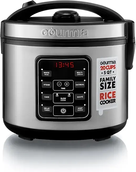 Gourmia Rice Cooker – 5 Qt Capacity, 20 Cup Cooked, 10 Cup Uncooked, Digital Controls, 6 Cooking Presets, Grain Cooker & Steamer, Nonstick Pot, Steam Tray, Delay Timer, Keep Warm, Stainless Steel