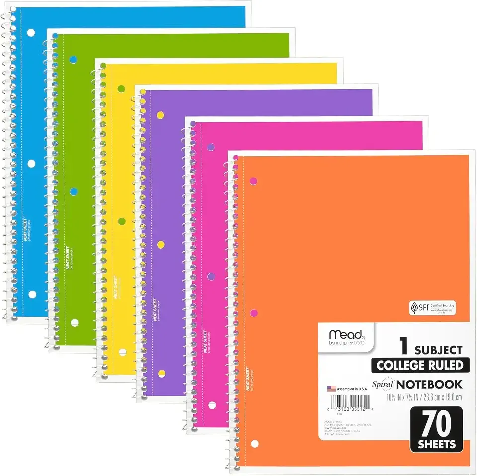 Mead Spiral Notebook, 6 Pack, 1 Subject, College Ruled Paper, 7-1/2" x 10-1/2", 70 Sheets per Notebook, Assorted Bright Colors (830050-ECM)