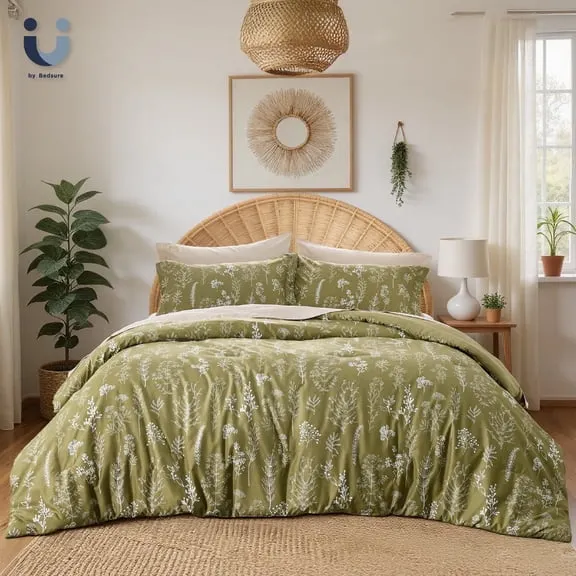 2 Pieces Comforter Sets, 1 Soft Reversible Botanical Flowers Comforter and 1 Pillow Sham, Olive Green, Twin Size, $32.99