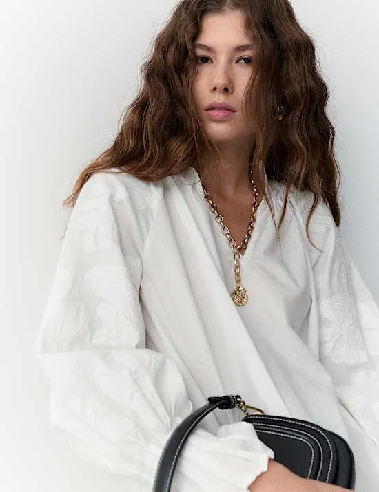 Pure Cotton V-Neck Cornelli Sleeve Blouse