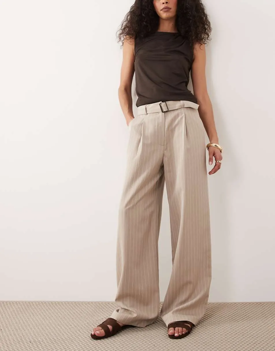 Miss Selfridge tailored wide leg buckle trouser in camel pinstripe
