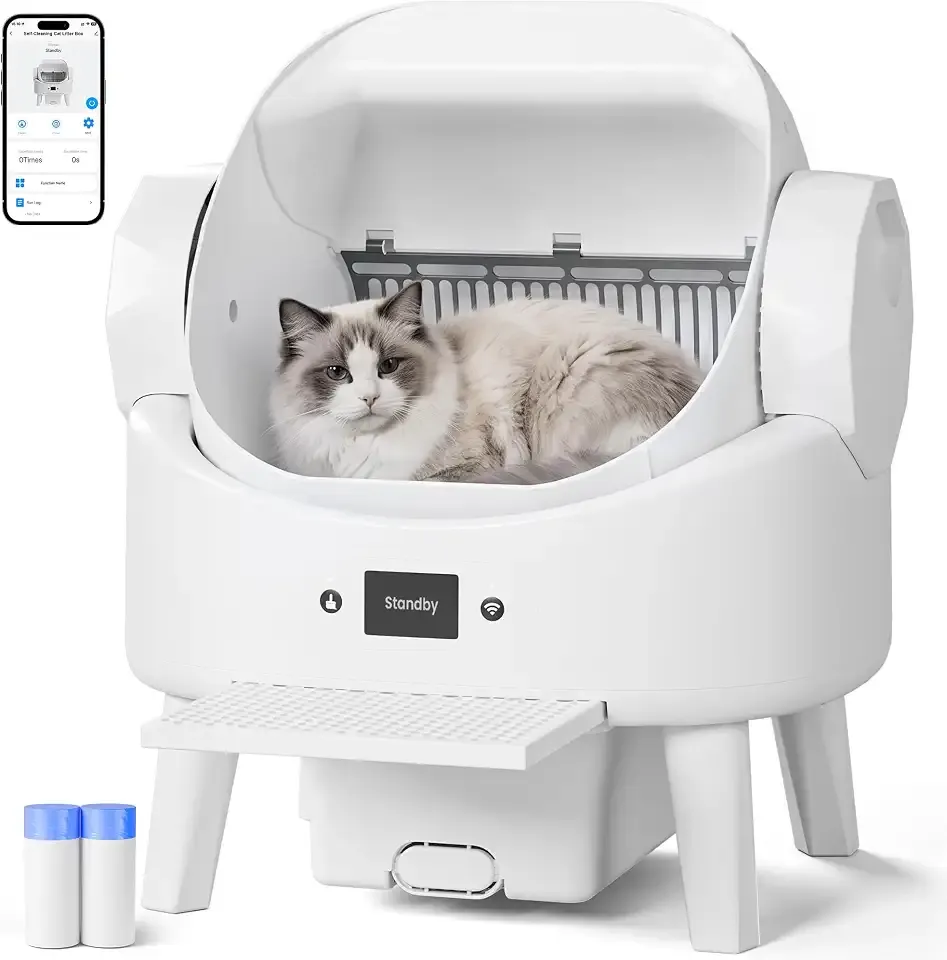 Realbear Automatic Litter Box, Smart Self Cleaning Cat Litter Box with App & Button Control, Open Top Design Safety Auto Litter Box for Multi Cats, 2 Rolls of Garbage Bags
