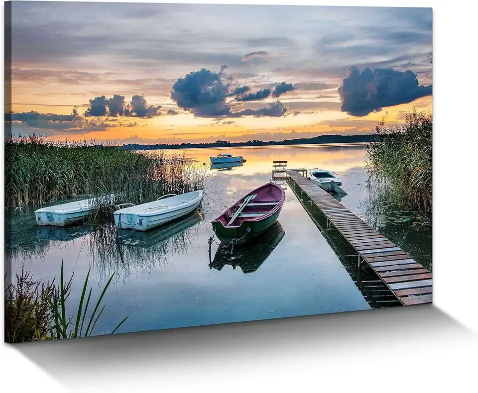 Lake Pier Canvas Wall Art: Modern Rustic Sunset Scenery Picture Nature Reed Landscape Painting Wilderness Boat Shore Gallery Artwork Colorful Skyline Sunrise Scene Prints for Bedroom Bathroom