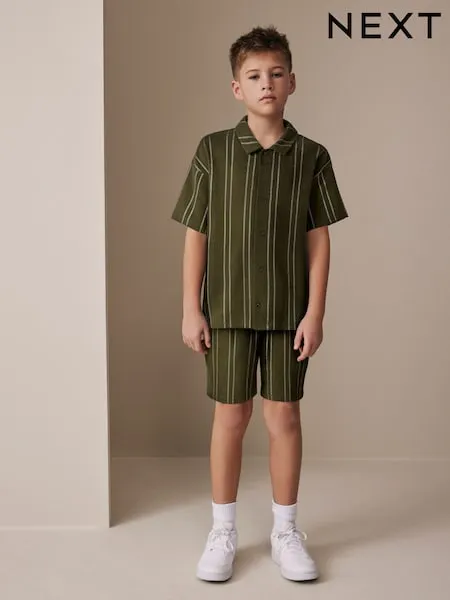 Khaki Green Stripe Revere Button Through Shirt and Shorts Set (3-16yrs)