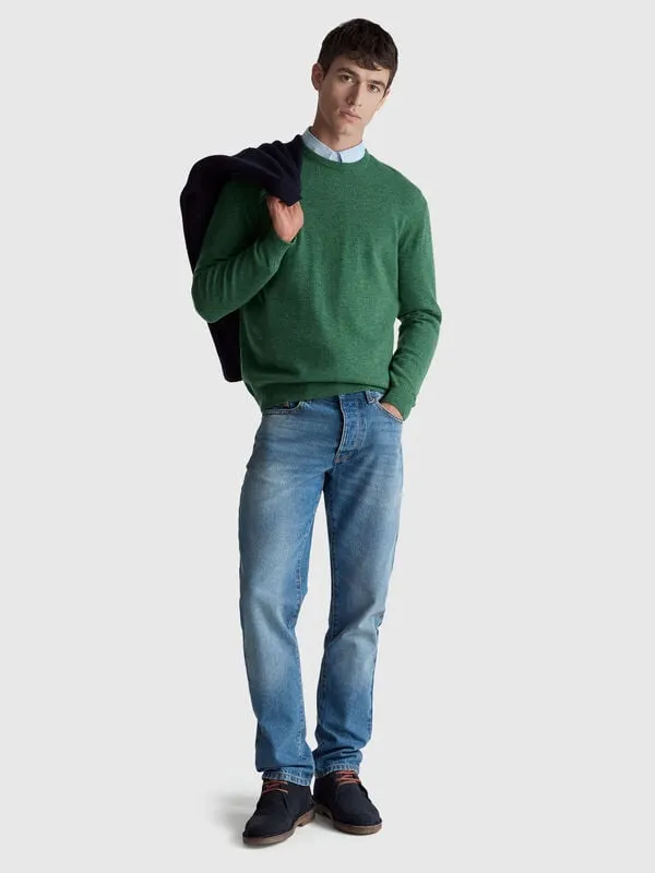 Marl green crew neck sweater in pure Merino wool